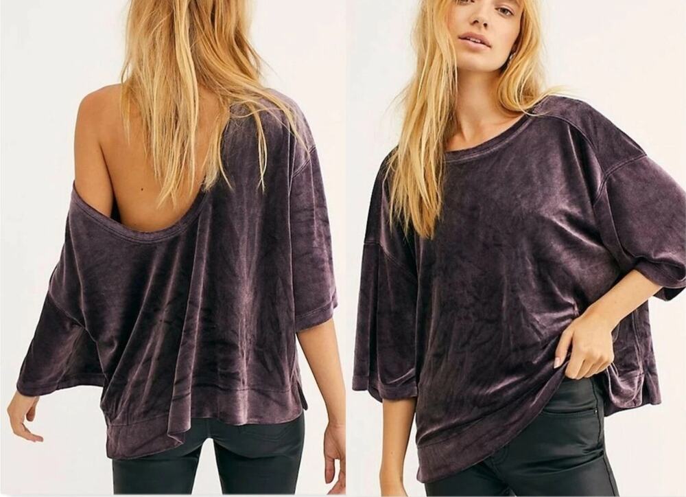 We the Free People Valerie Velvet Tee Navy Blouse size Large NWT $68